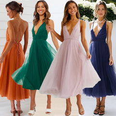V-Neck Sleeveless Formal Dress with Gauze Overlay