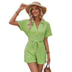 Short Sleeve V-Neck Romper with Lapel and Waist Tie in 3 Colors S-XL