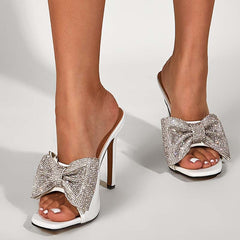 Open Toe Stiletto Heels with Rhinestone Bow