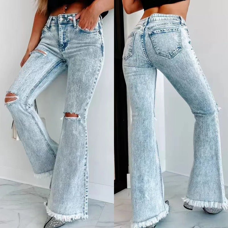 Ripped Washed High Waist Bellbottom Jeans S-2XL