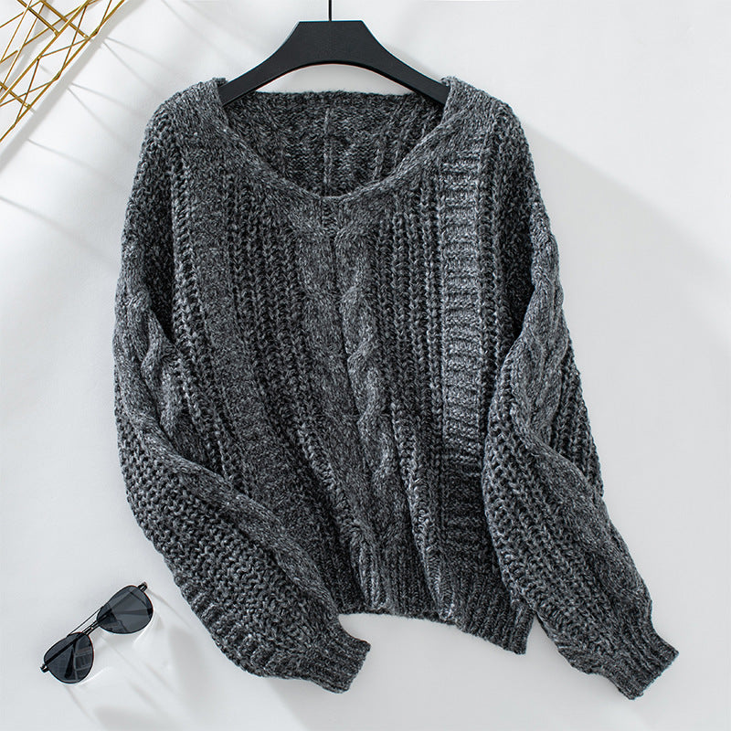 Lantern Sleeve Twist-Knit V-Neck Sweater
