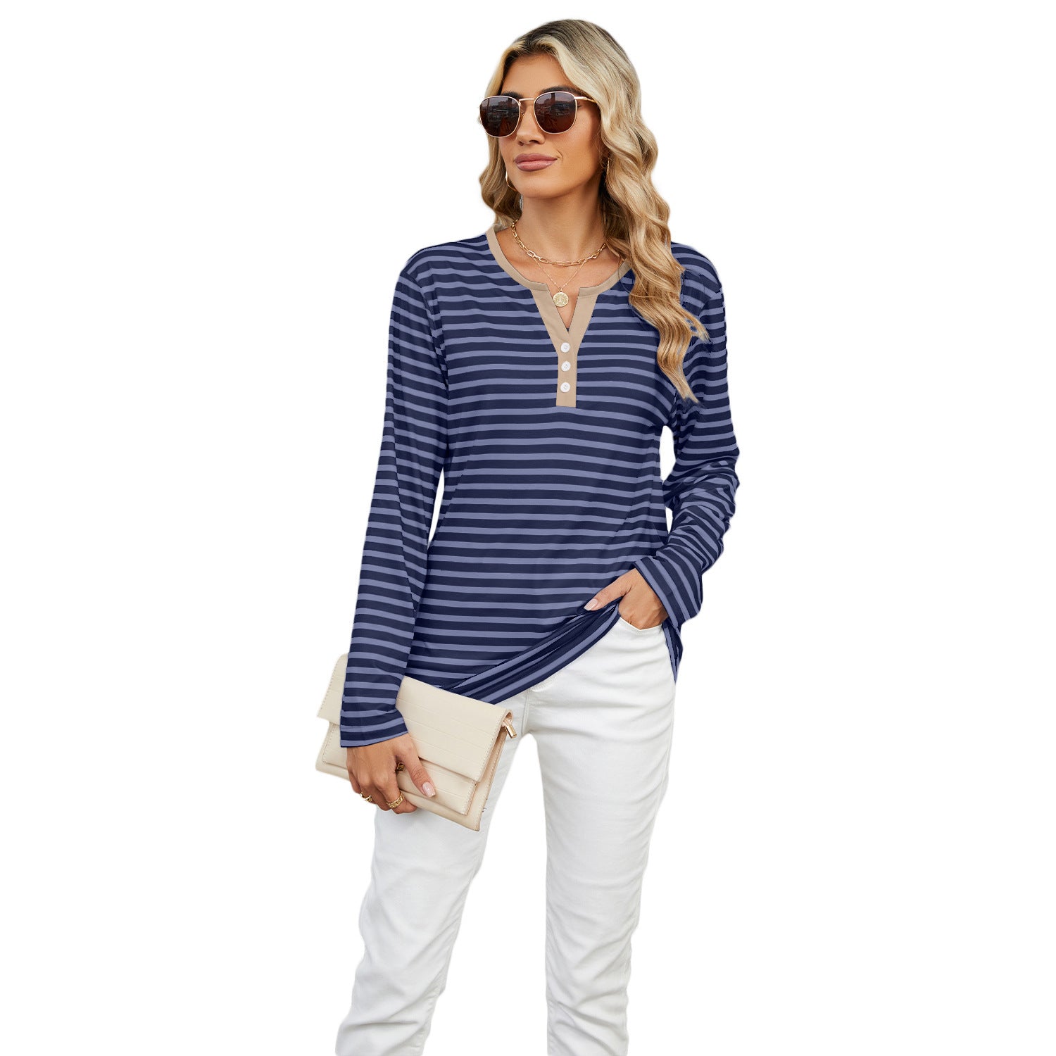 V-Neck Striped Long Sleeve Shirt