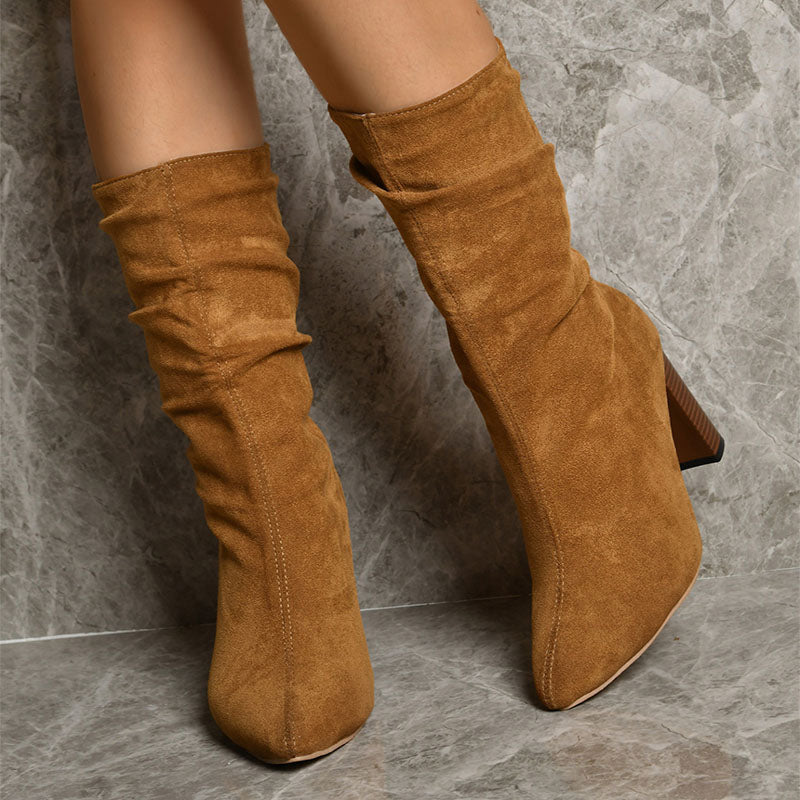 Suede Mid Calf High Heel Boots with Pointed Toe
