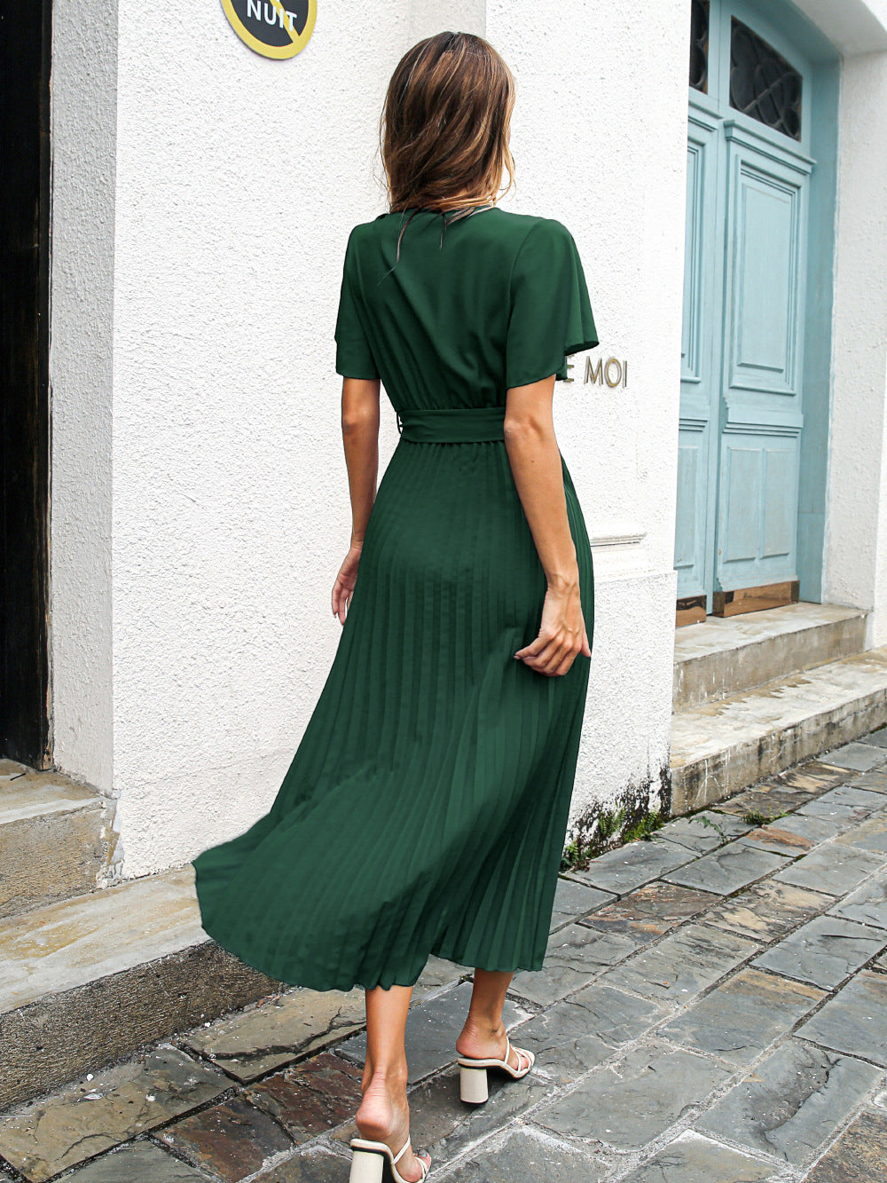 V-Neck Short Sleeve Pleated Chiffon Maxi Dress with Waist Tie