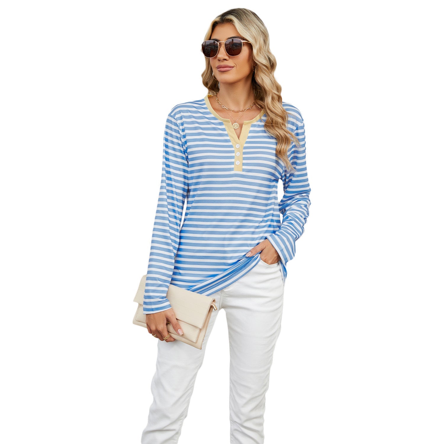 V-Neck Striped Long Sleeve Shirt
