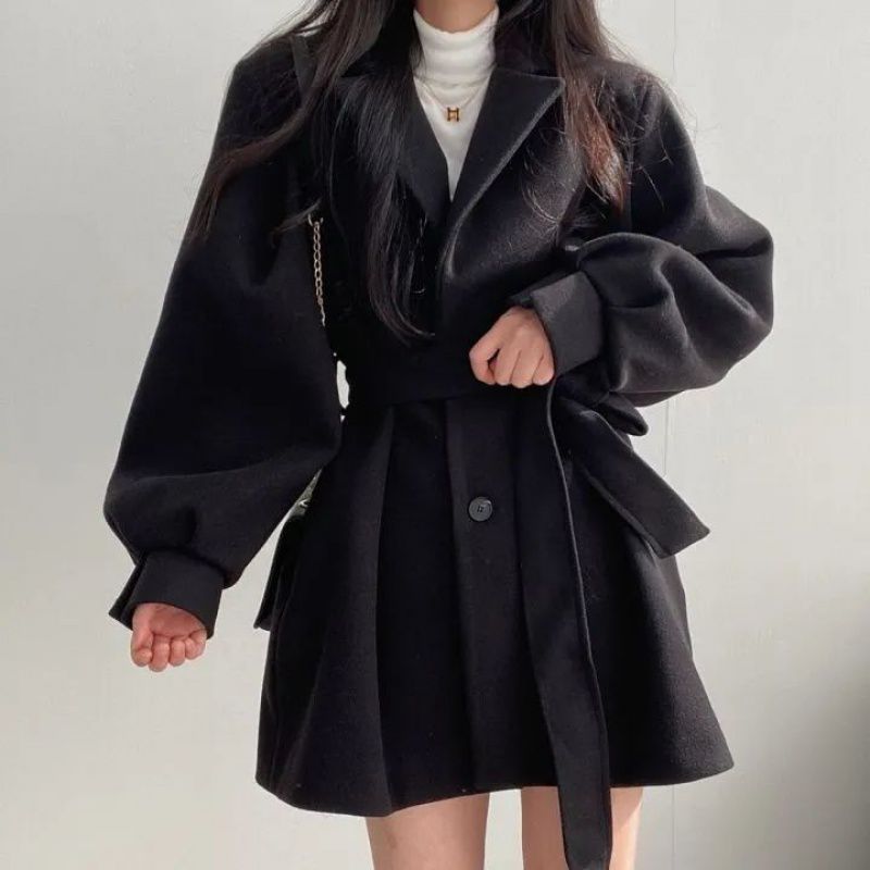 Manteau mi-long en laine avec col et ceinture à nouer, 2 couleurs, S-2XL