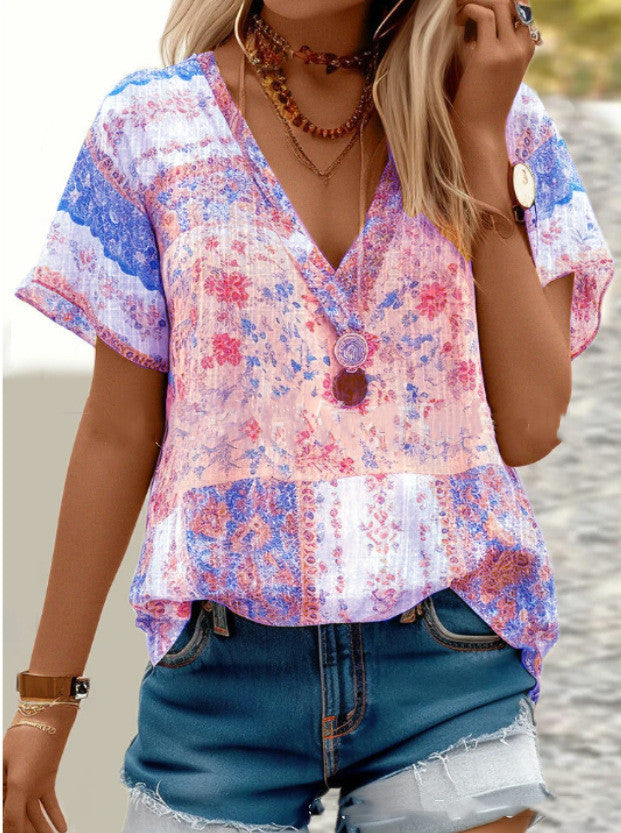 Boho V-Neck Short Sleeve Top
