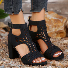 High Square Heel Roman Sandals with Back Zipper