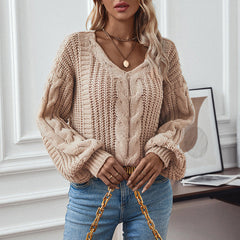 Lantern Sleeve Twist-Knit V-Neck Sweater