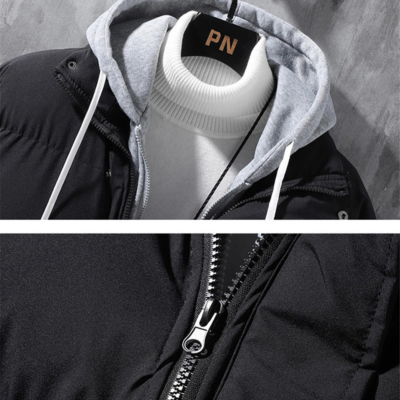 Men's Hooded Windproof Down-Filled Fake Two-Piece Jacket in 4 Colors M-5XL