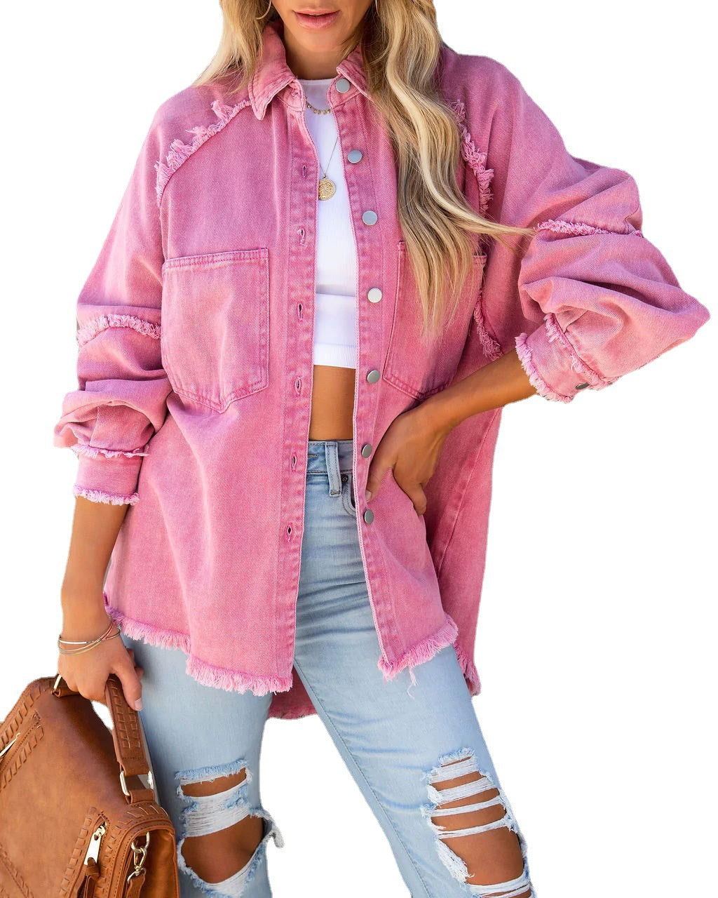 Long Sleeve Shirt Jacket with Raw Hem in 4 Colors S-XL