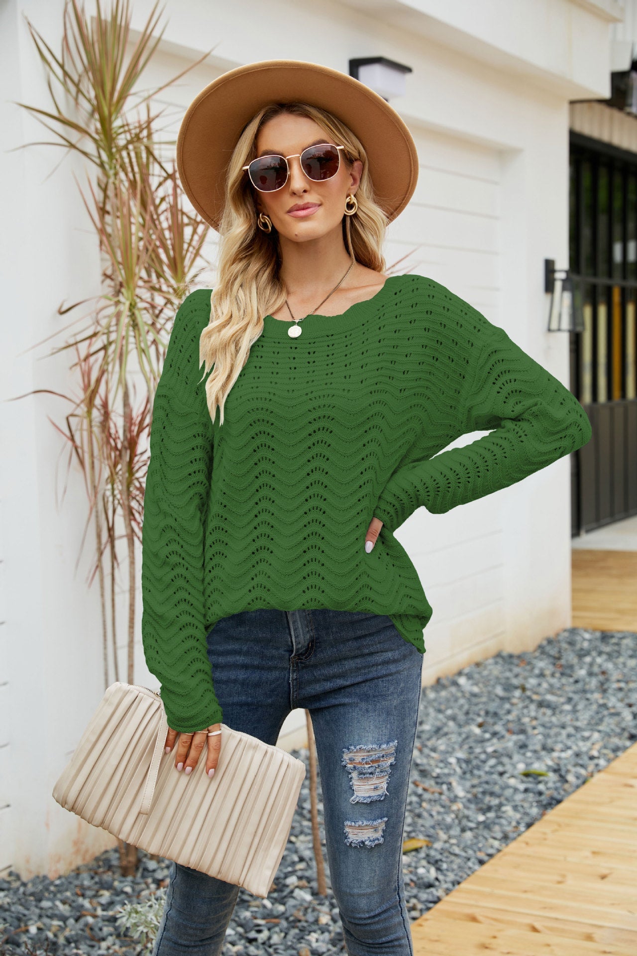 Knit Boat Neck Long Sleeve Sweater