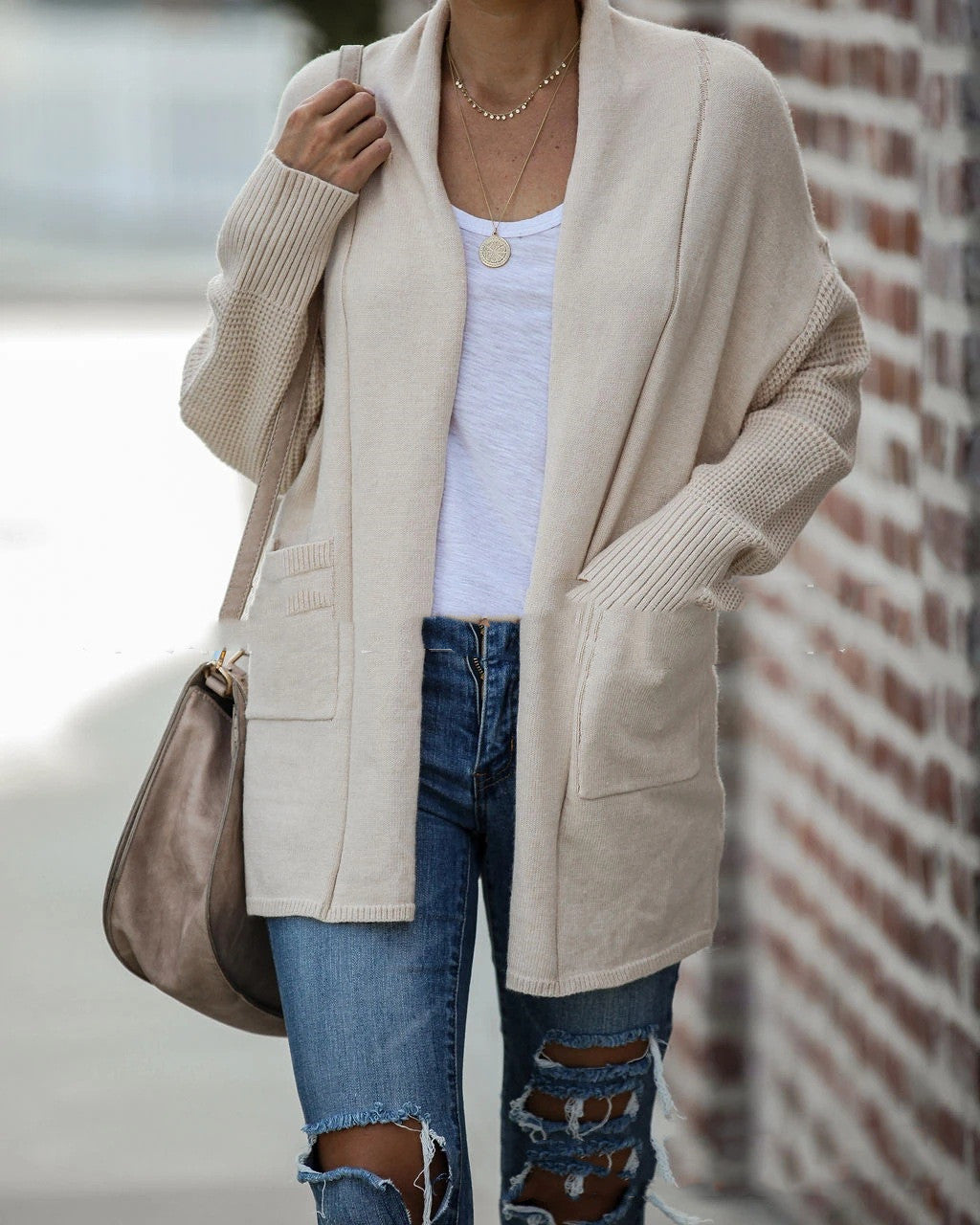 Knit Cardigan with Bat Sleeves and Pockets in 2 Colors S-XL