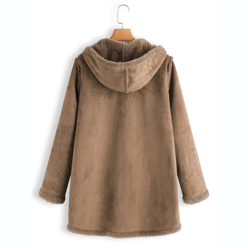 Plush Hooded Coat with Pockets in 2 Colors M-5XL