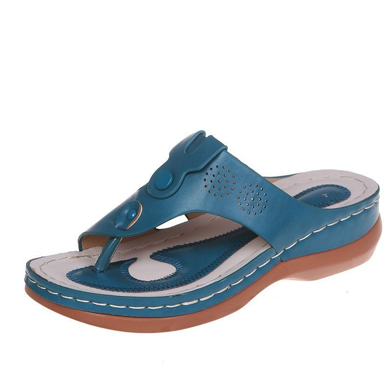 PU Leather Thong Roman Sandals with Wedge Heel
