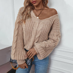Lantern Sleeve Twist-Knit V-Neck Sweater
