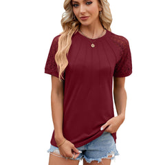 Round Neck Short Lace Sleeve Pleated Top in 8 Colors S-XXL