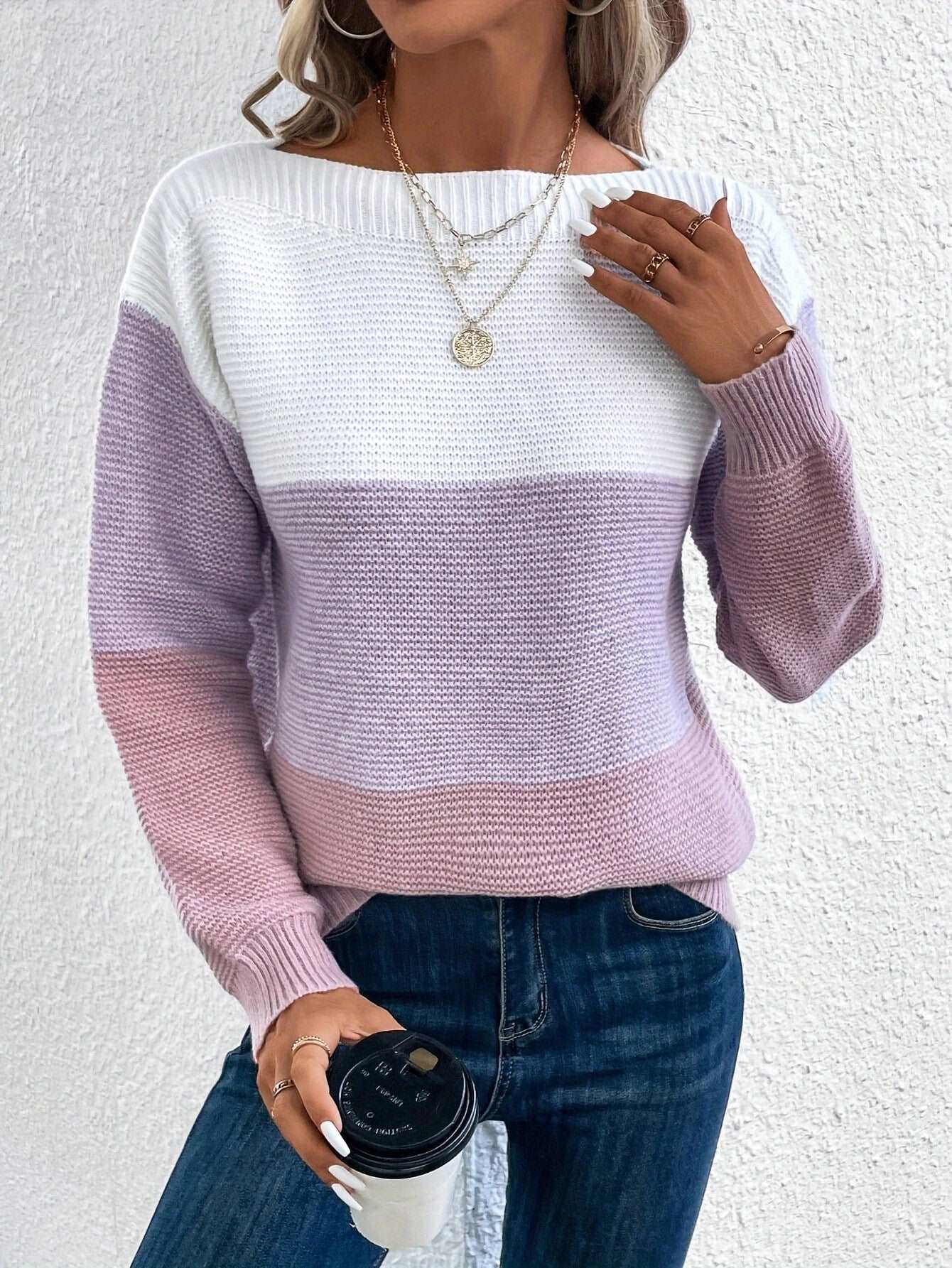 Rundhals-Langarm-Colorblock-Pullover in 8 Farben S-XL