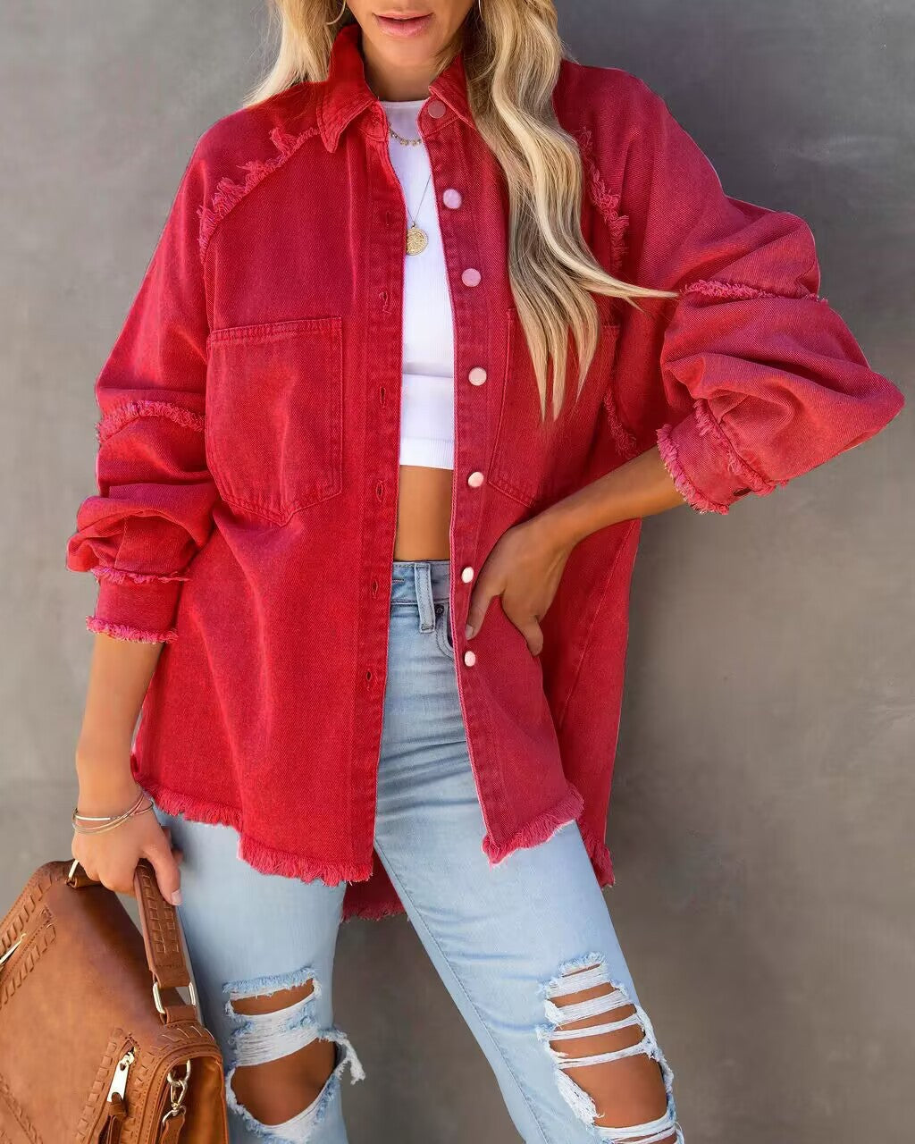 Long Sleeve Shirt Jacket with Raw Hem in 4 Colors S-XL