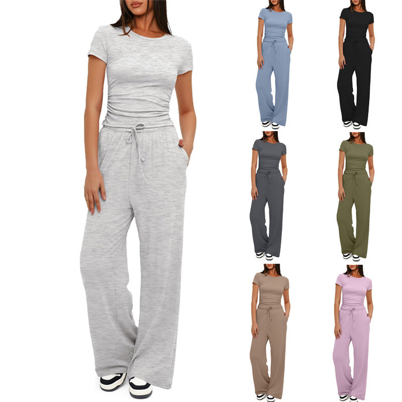 Short Sleeve Top with Matching Drawstring Wide-Leg Pants