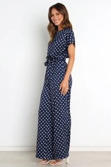 Round Neck Short Sleeve Polka Dot Jumpsuit with Drawstring Waist