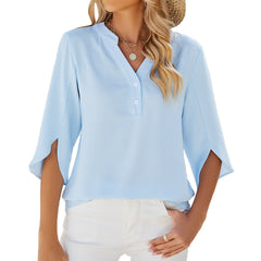 Button V-Neck Chiffon Half Sleeve Blouse