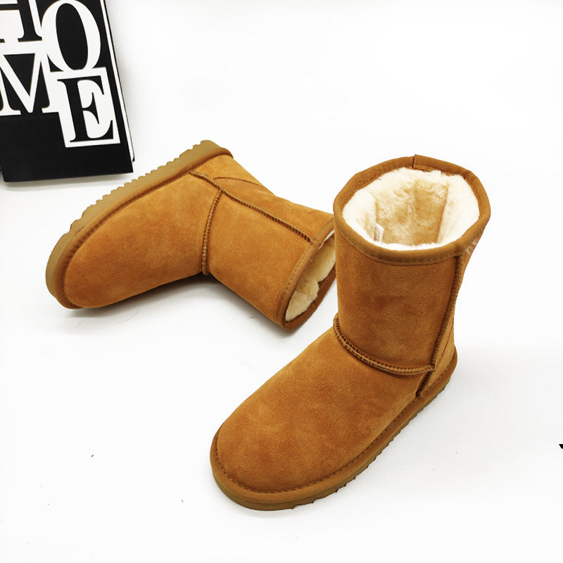 Leather Mid-Calf Flat Heel Snow Boots