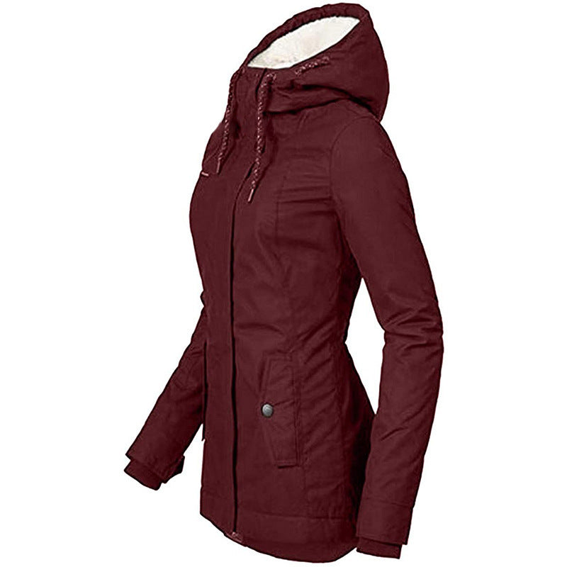 Solid Color Fleece-Lined Hooded Jacket