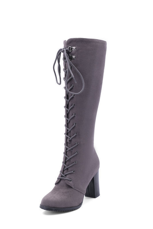 Suede Front Lace High Heel Knee Length Boots