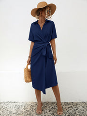Short Sleeve Midi Dress with Lapel and Waist Tie