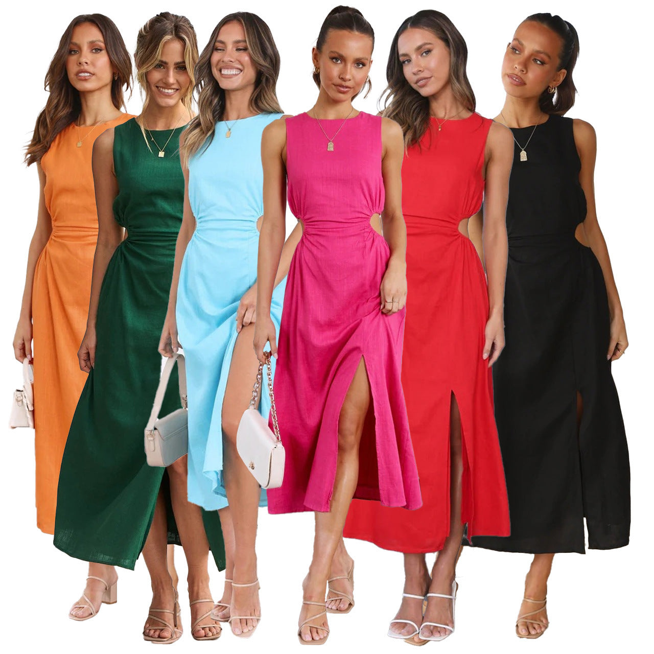 Sleeveless A-Line Midi Dress with Leg Slit