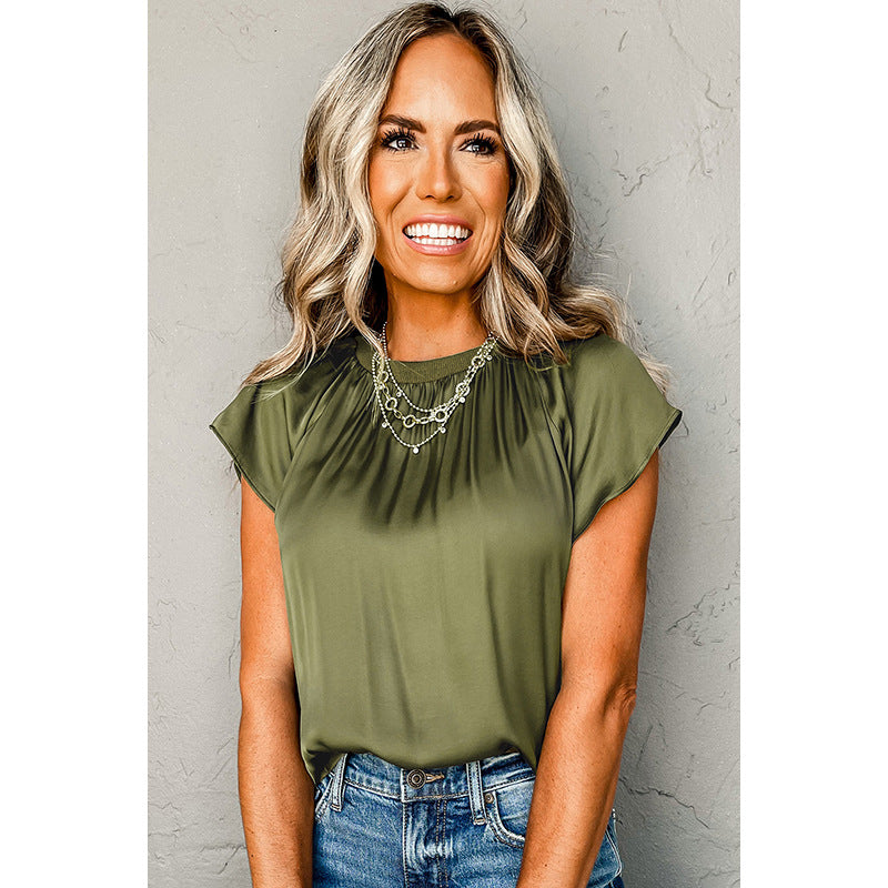 Elegantes Plissee-Top mit kurzen Ärmeln aus Satin in 2 Farben S-XL