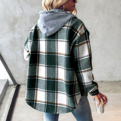 Karierte Langarm-Shacket mit Kapuze in 2 Farben S-XL