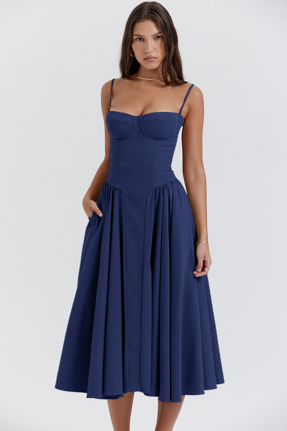 Großes Party-Swing-Kleid mit tailliertem Oberteil und Spaghettiträgern in 14 Farben S-XL