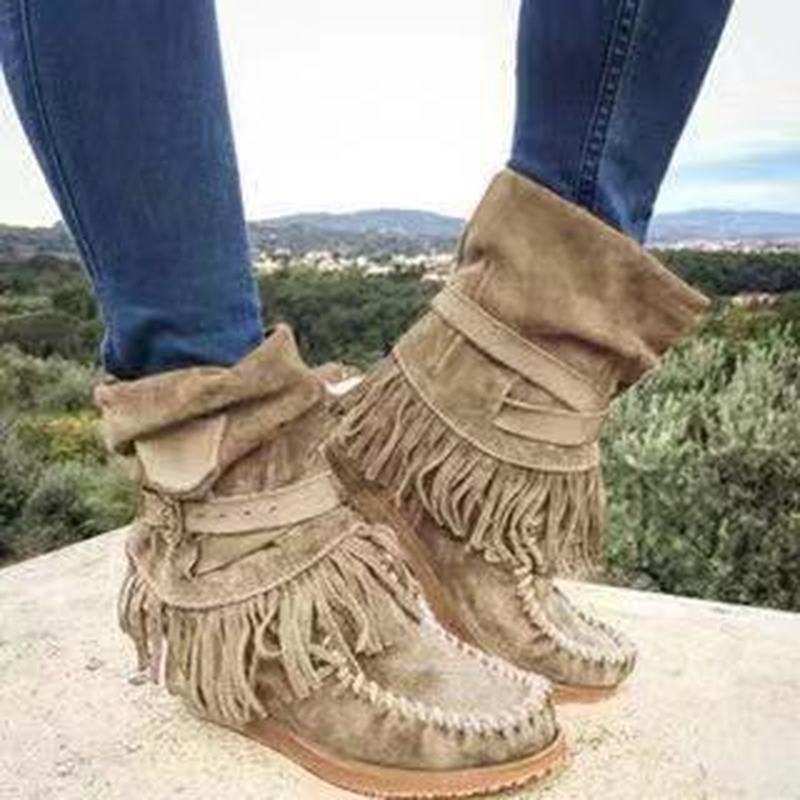 Suede Mid-Calf Moccasin Boots with Tassels