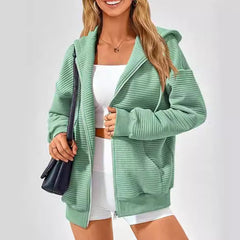Gerippter Kapuzenpullover mit langen Ärmeln, Reißverschluss und Taschen