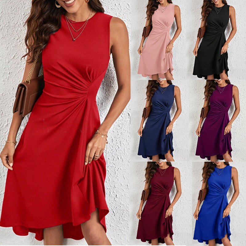 Sleeveless A-Line Midi Dress with Pleated High Waist