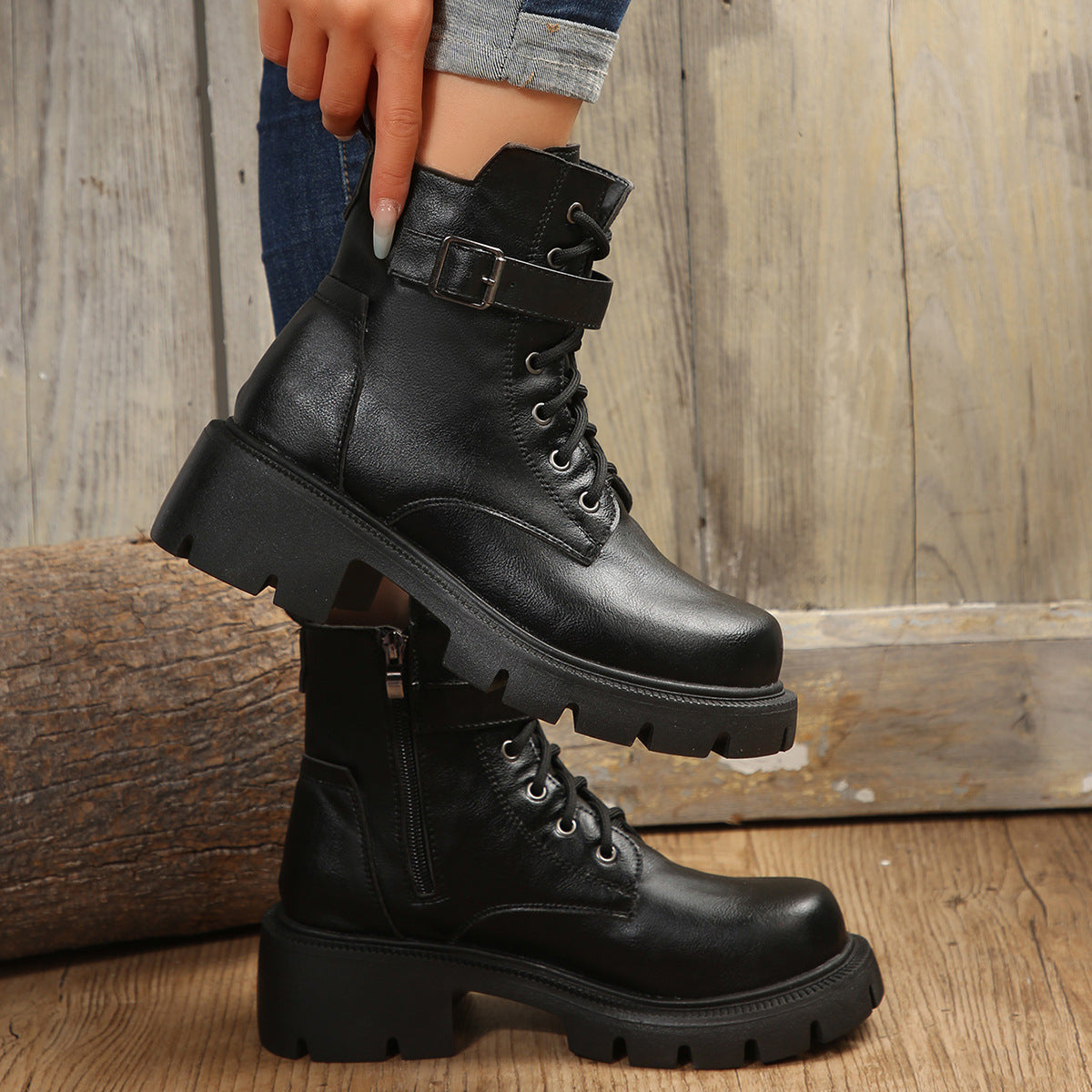 Chunky Heel Mid-Calf Combat Boots