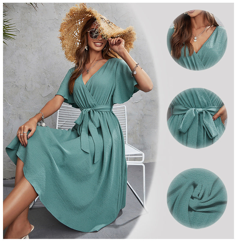 Robe mi-longue bleu paon à col en V, avec lien à la taille et manches courtes, tailles S à XXL
