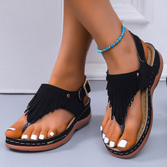 Roman Thong Sandals with Fringe and Ankle Strap