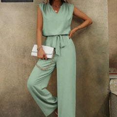 Solid Color Sleeveless V-Neck Top with Wide-Leg Pants Set