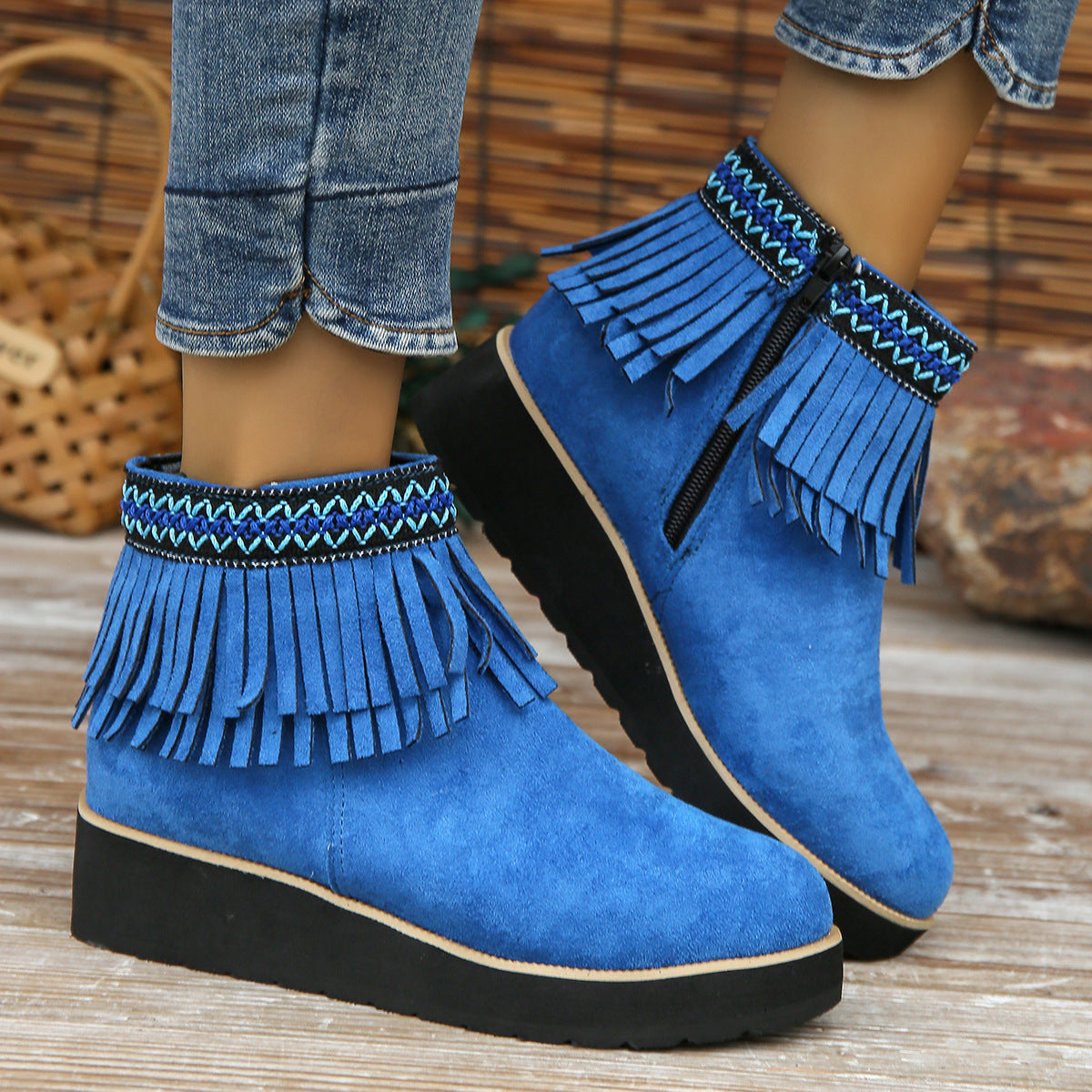 Suede Ankle Boots with Fringe and Wedge Heel in 3 Colors