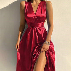 Sleeveless V-Neck  Evening Dress with Waist Tie in 3 Colors XXS-3XL