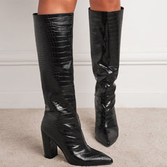 Pointed Toe Block Heel Black Knee High Boots