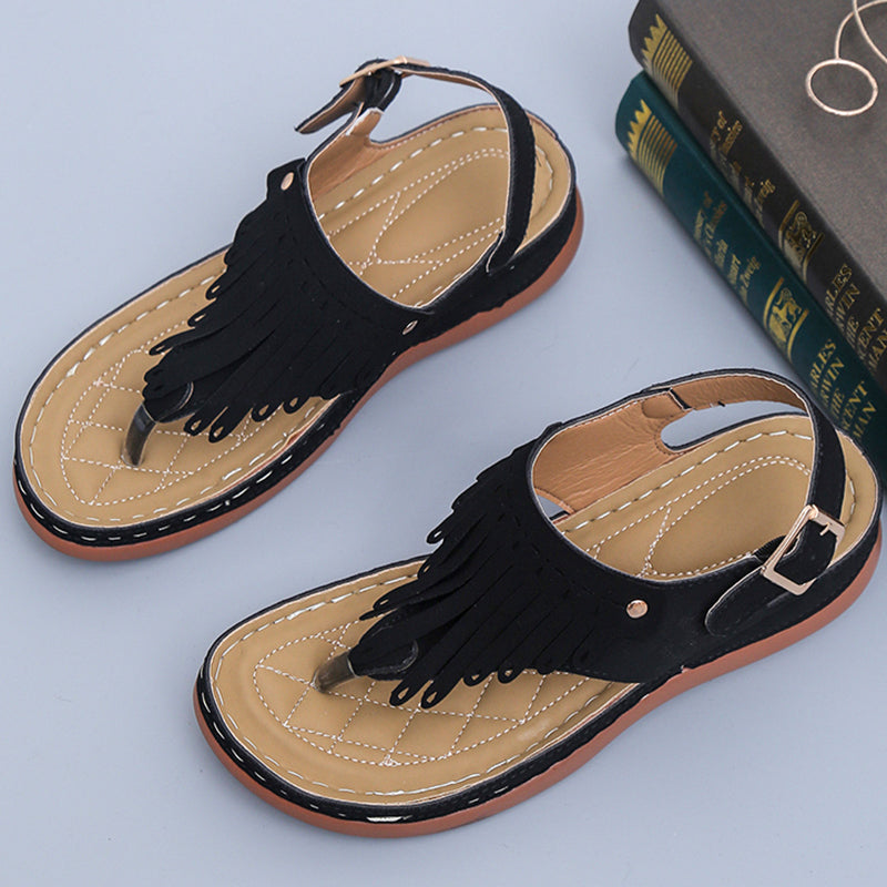 Roman Thong Sandals with Fringe and Ankle Strap