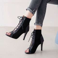 Leather High Stiletto Heel Lace Up Boots with Open Toe in 3 Colors