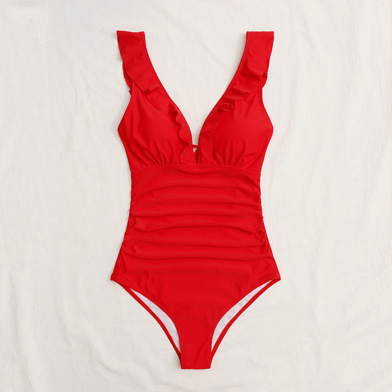 Ruffled V-Neck One Piece Swimsuit in 2 Colors S-XL