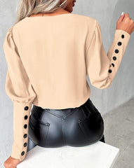 V-Neck Long Sleeve Blouse With Decorative Buttons