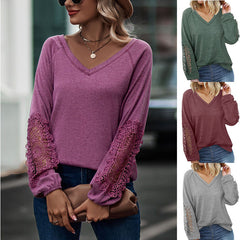 V-Neck Long Sleeve Top with Lace Detail in 5 Colors Sizes 4-20