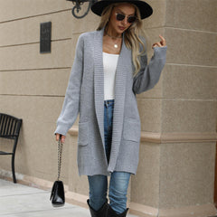Solid Colour Mid-Thigh Knit Cardigan with Pockets